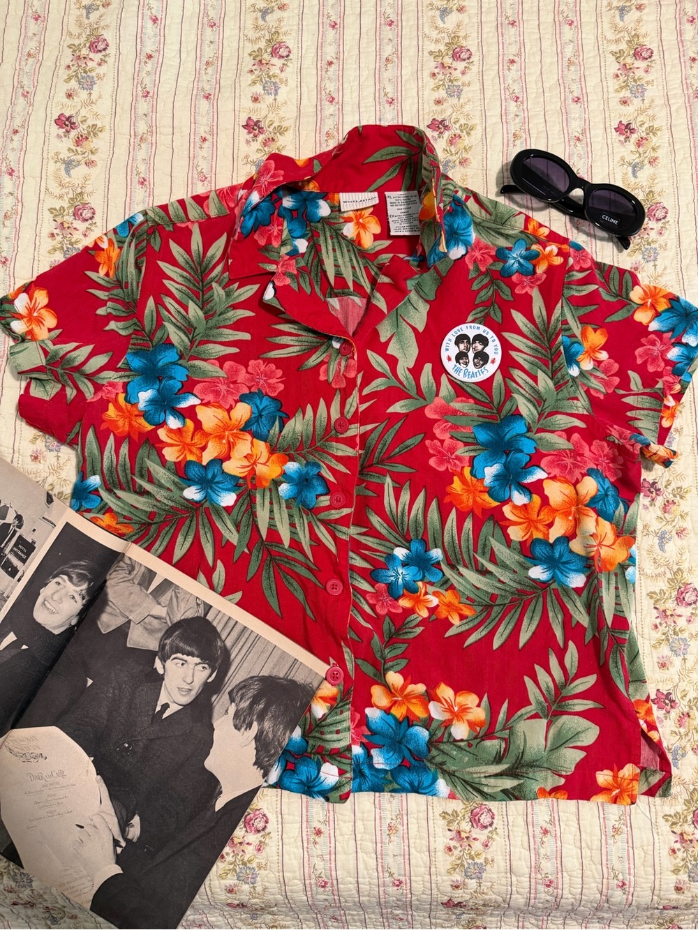 White Stag Retro Red Hawaiian Floral Rayon Camp Shirt Tropical Button Up L/XL